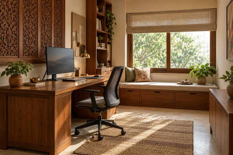 AI-generated home office concept: window bench study, modern carved direction