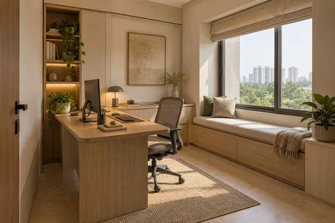 AI-generated home office concept: window bench study, quiet contemporary direction