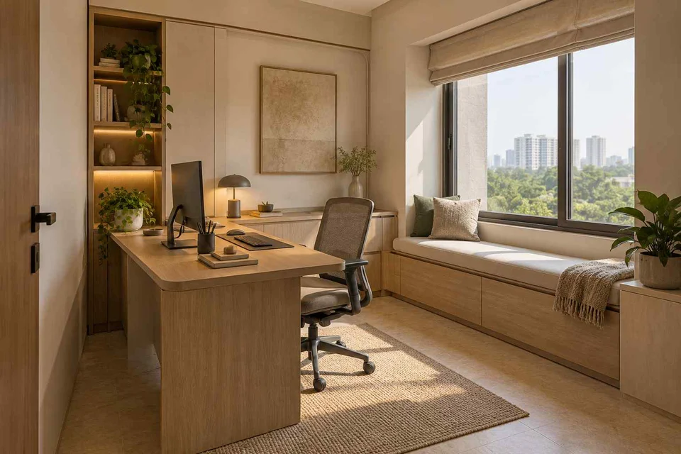 AI-generated home office concept: window bench study, quiet contemporary direction