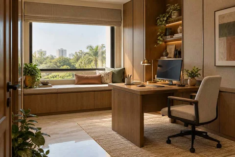 AI-generated home office concept: window bench study, quiet transitional direction