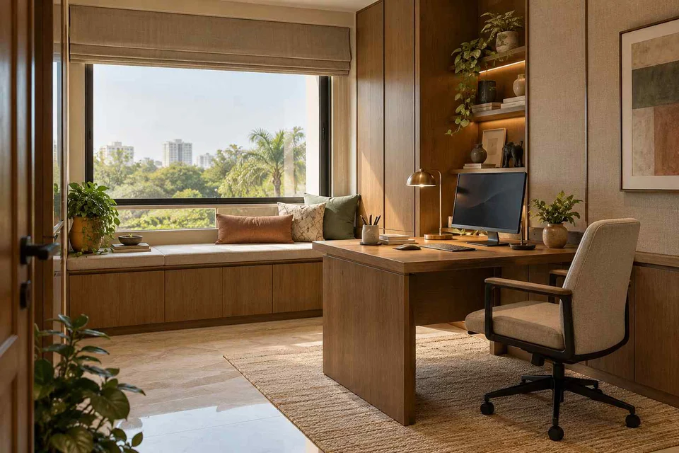 AI-generated home office concept: window bench study, quiet transitional direction