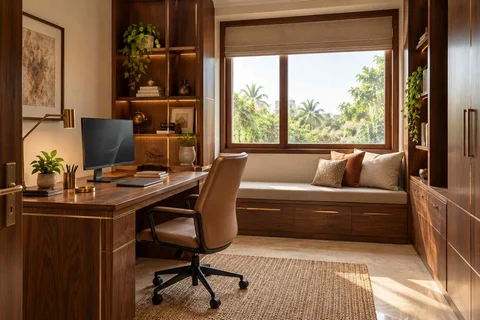 AI-generated home office concept: window bench study, rosewood brass direction