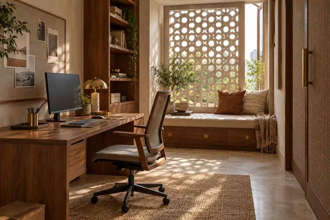 AI-generated home office concept: window bench study, sandstone lattice direction