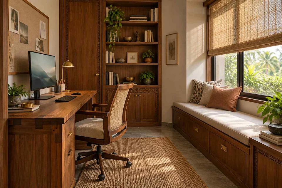 AI-generated home office concept: window bench study, teak craft direction