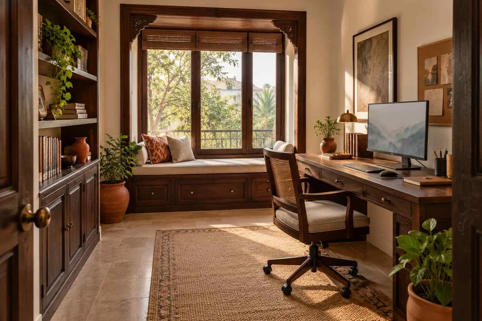 AI-generated home office concept: window bench study, terracotta heritage direction