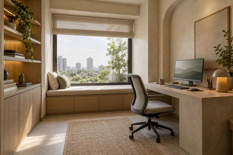 AI-generated home office concept: window bench study, textured mineral direction