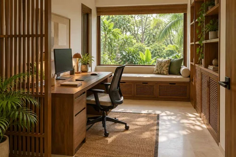 AI-generated home office concept: window bench study, tropical slatted direction