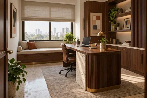 AI-generated home office concept: window bench study, urban deco direction