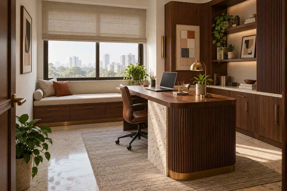 AI-generated home office concept: window bench study, urban deco direction
