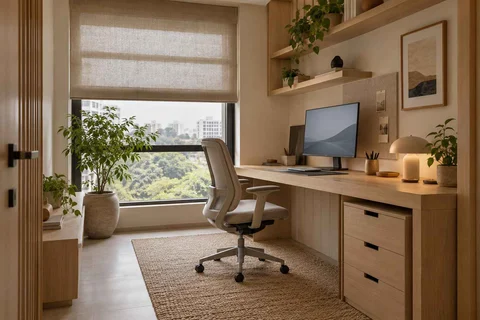AI-generated home office concept: window desk alcove, ash and linen direction