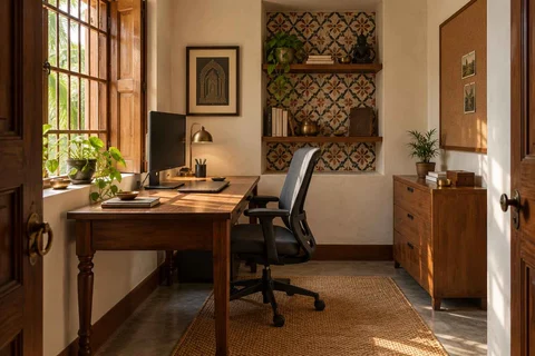 AI-generated home office concept: window desk alcove, chettinad tile direction