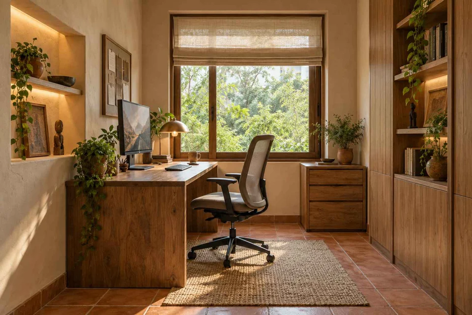 AI-generated home office concept: window desk alcove, clay artisan direction