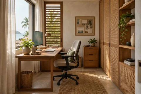 AI-generated home office concept: window desk alcove, coastal woven direction