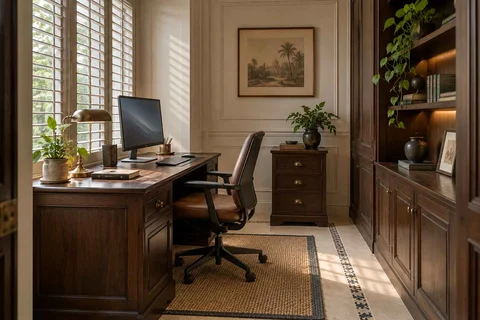 AI-generated home office concept: window desk alcove, colonial quiet direction