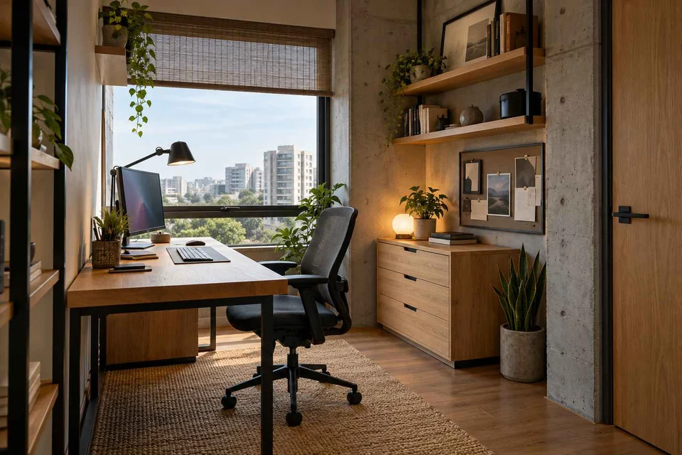 AI-generated home office concept: window desk alcove, concrete and oak direction