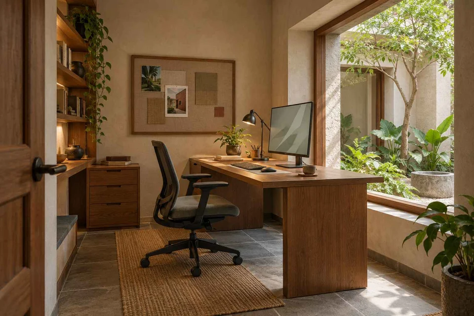 AI-generated home office concept: window desk alcove, courtyard modern direction