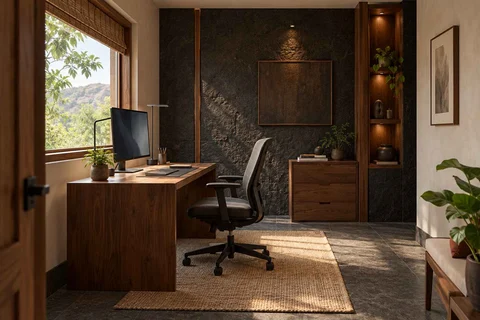 AI-generated home office concept: window desk alcove, deccan stone direction