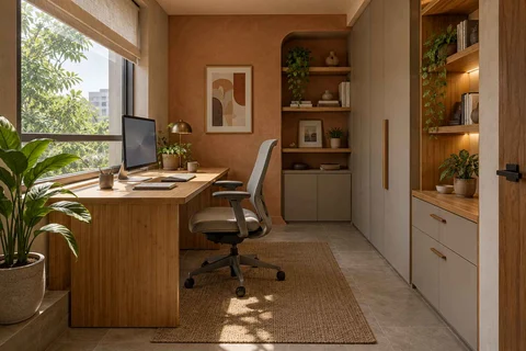 AI-generated home office concept: window desk alcove, earth and bamboo direction