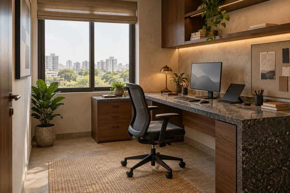 AI-generated home office concept: window desk alcove, granite precision direction