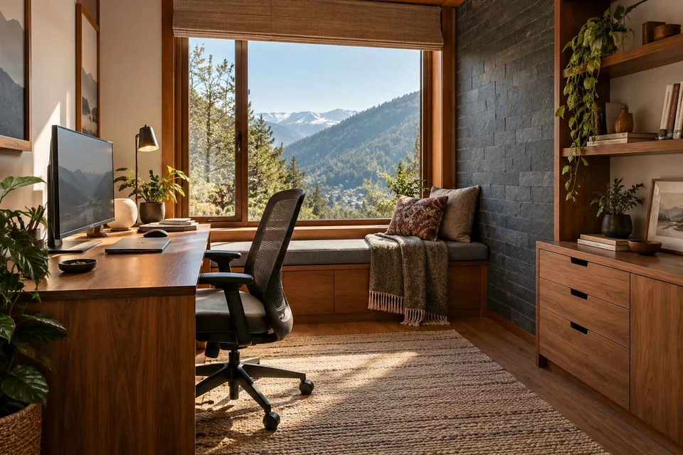AI-generated home office concept: window desk alcove, hill timber direction
