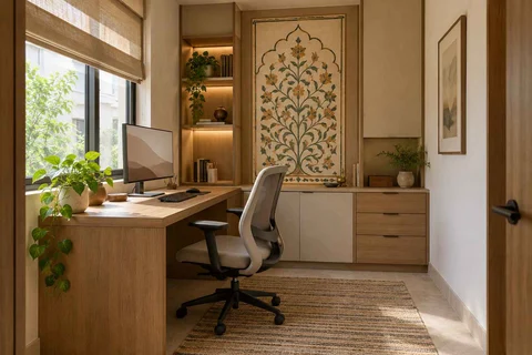 AI-generated home office concept: window desk alcove, inlay atelier direction