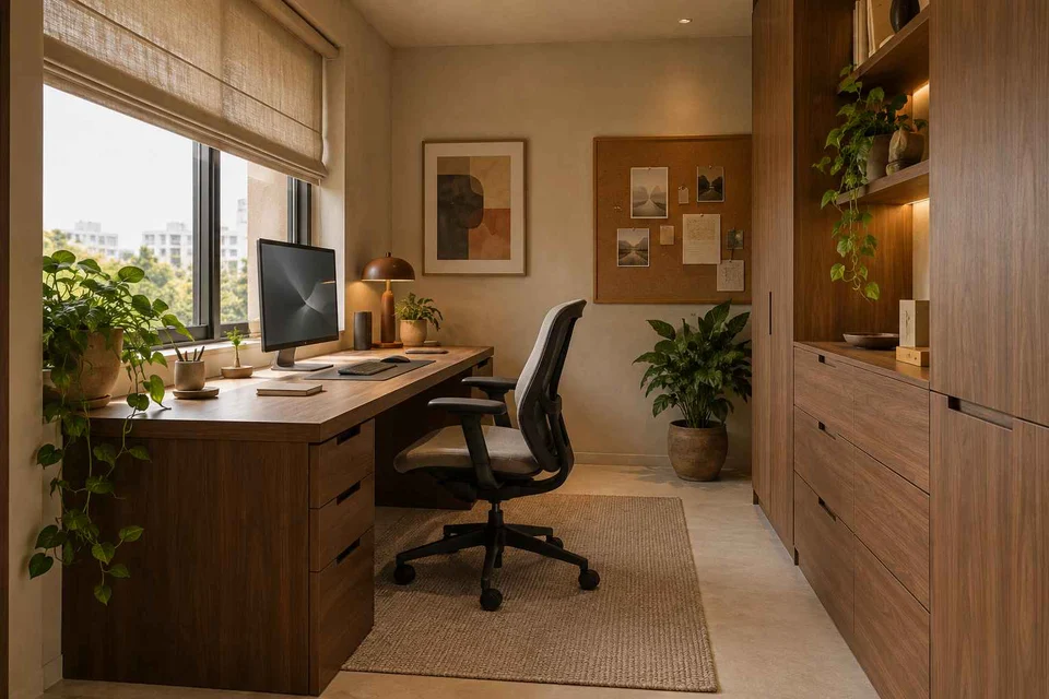 AI-generated home office concept: window desk alcove, lime and walnut direction