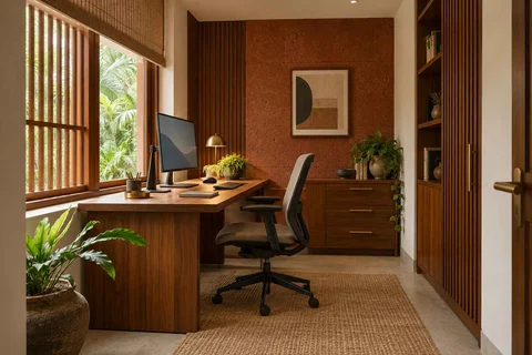 AI-generated home office concept: window desk alcove, malabar timber direction