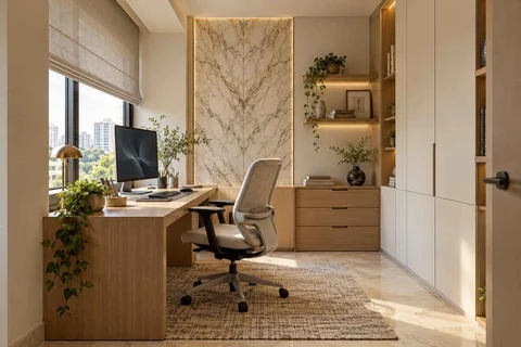 AI-generated home office concept: window desk alcove, marble restraint direction