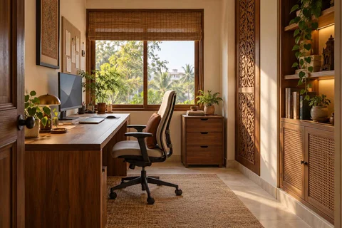 AI-generated home office concept: window desk alcove, modern carved direction