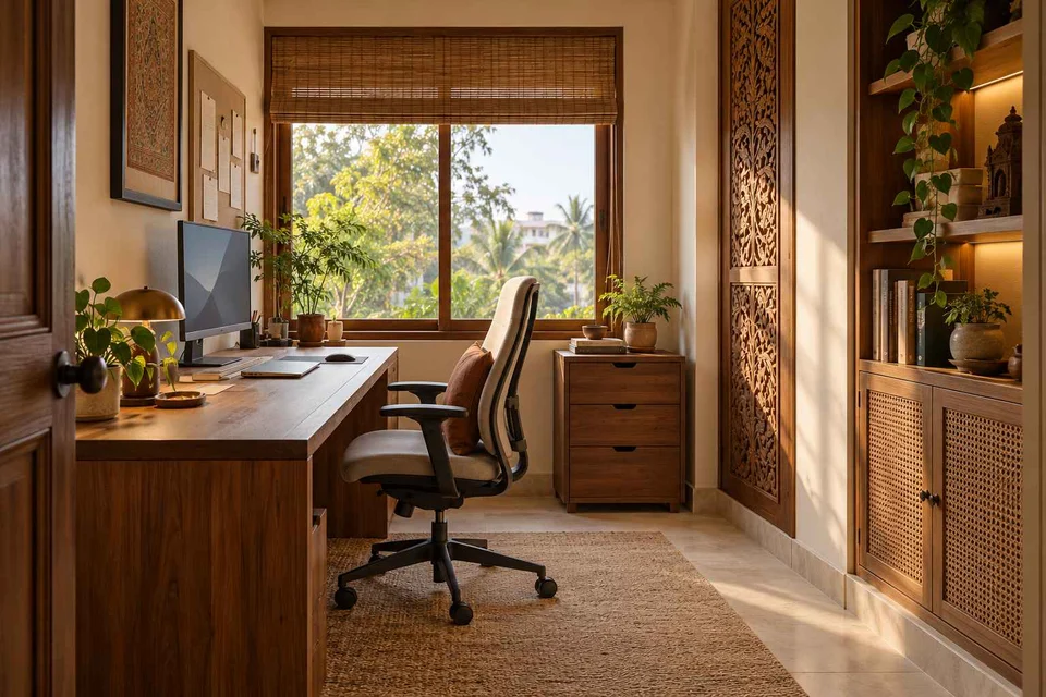 AI-generated home office concept: window desk alcove, modern carved direction