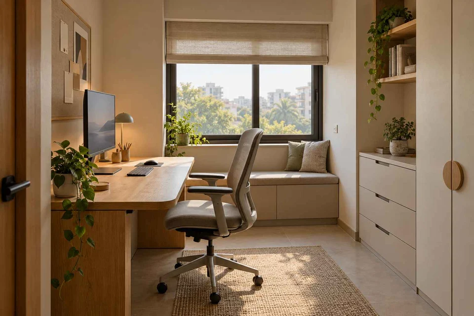 AI-generated home office concept: window desk alcove, quiet contemporary direction
