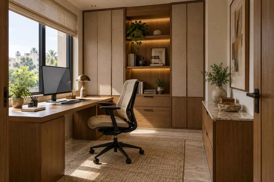 AI-generated home office concept: window desk alcove, quiet transitional direction