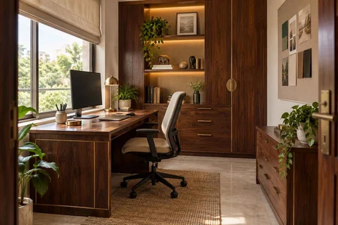 AI-generated home office concept: window desk alcove, rosewood brass direction