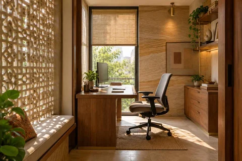 AI-generated home office concept: window desk alcove, sandstone lattice direction