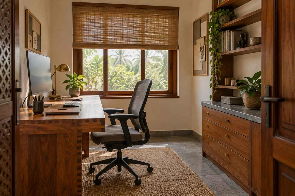 AI-generated home office concept: window desk alcove, teak craft direction