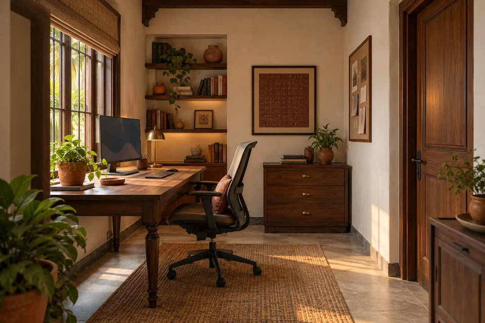 AI-generated home office concept: window desk alcove, terracotta heritage direction