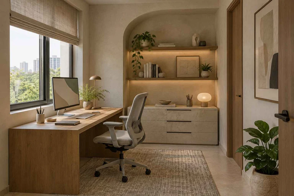 AI-generated home office concept: window desk alcove, textured mineral direction