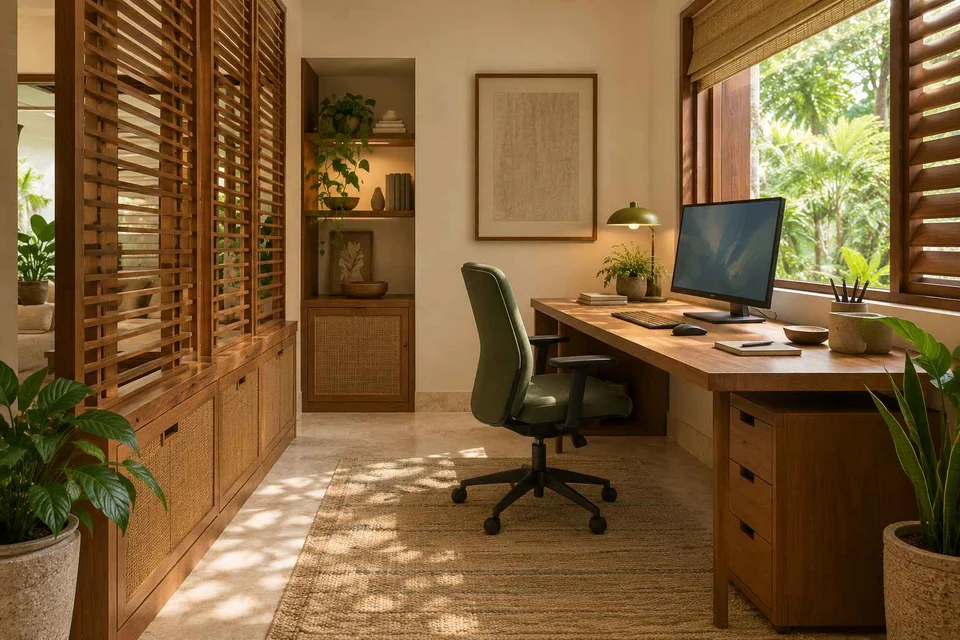 AI-generated home office concept: window desk alcove, tropical slatted direction