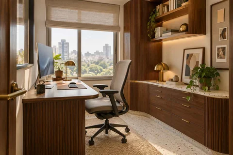 AI-generated home office concept: window desk alcove, urban deco direction