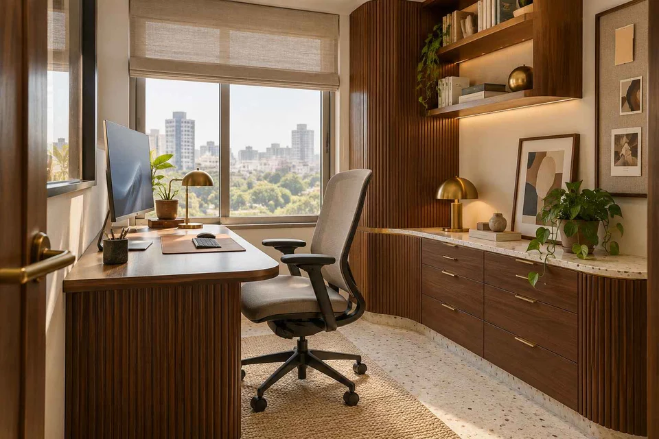 AI-generated home office concept: window desk alcove, urban deco direction