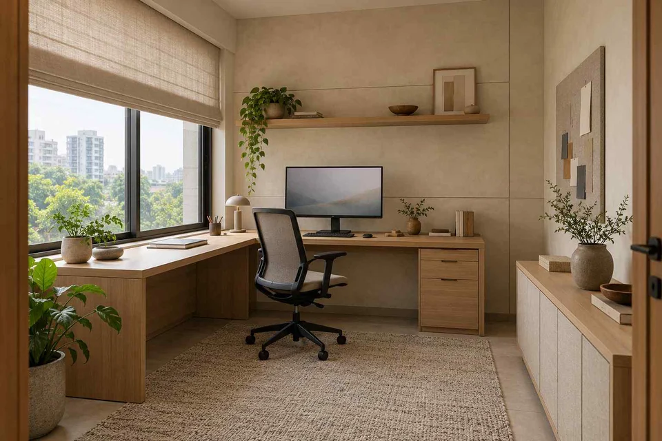 AI-generated home office concept: window return desk, ash and linen direction