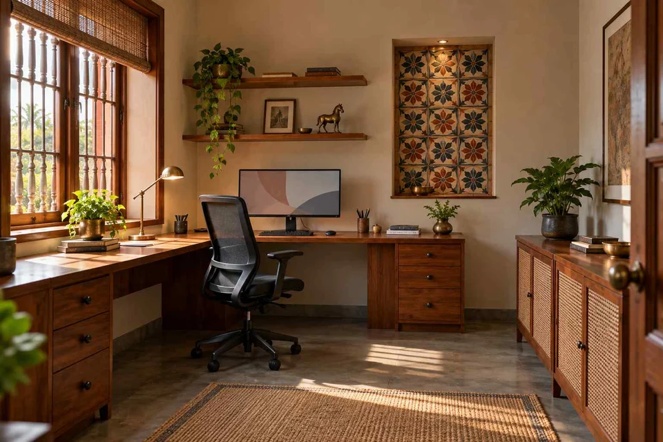 AI-generated home office concept: window return desk, chettinad tile direction