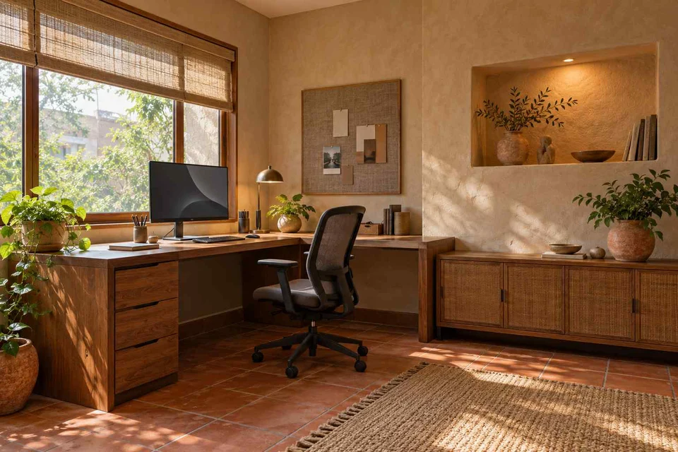 AI-generated home office concept: window return desk, clay artisan direction