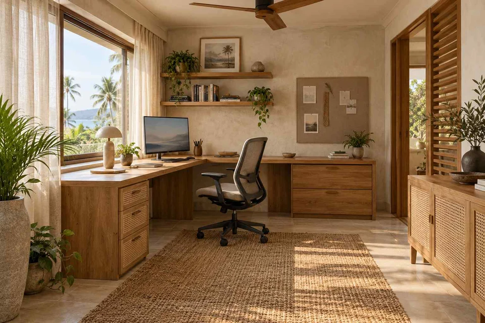 AI-generated home office concept: window return desk, coastal woven direction