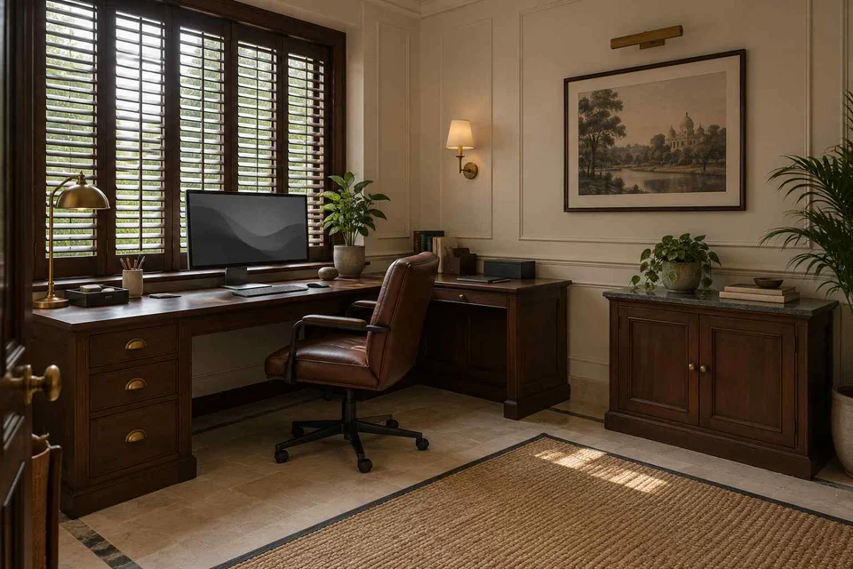 AI-generated home office concept: window return desk, colonial quiet direction