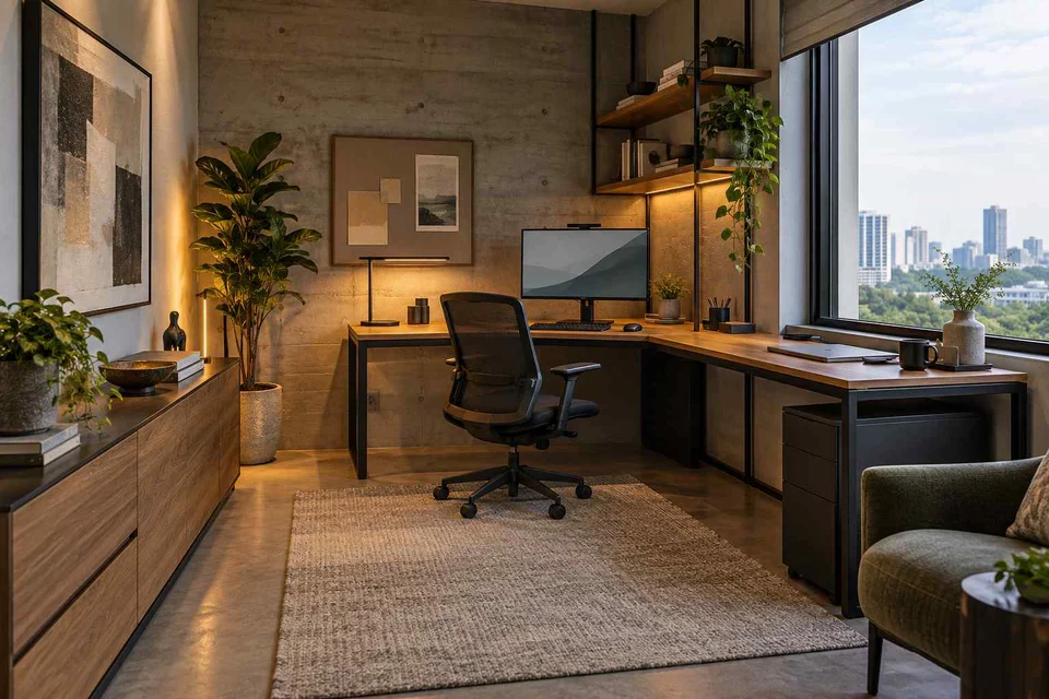 AI-generated home office concept: window return desk, concrete and oak direction