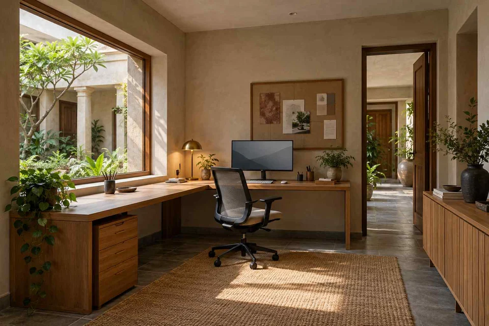 AI-generated home office concept: window return desk, courtyard modern direction