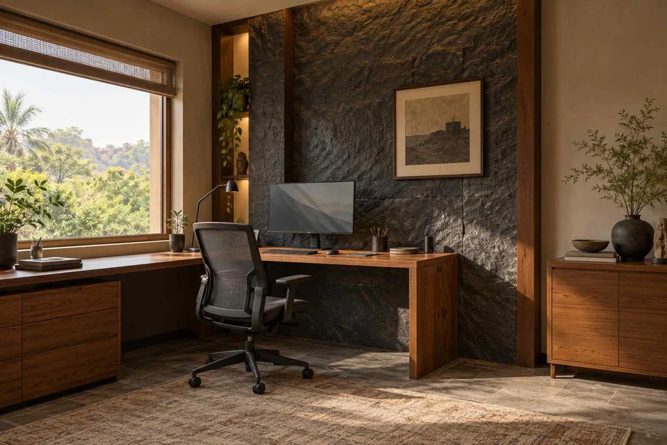 AI-generated home office concept: window return desk, deccan stone direction