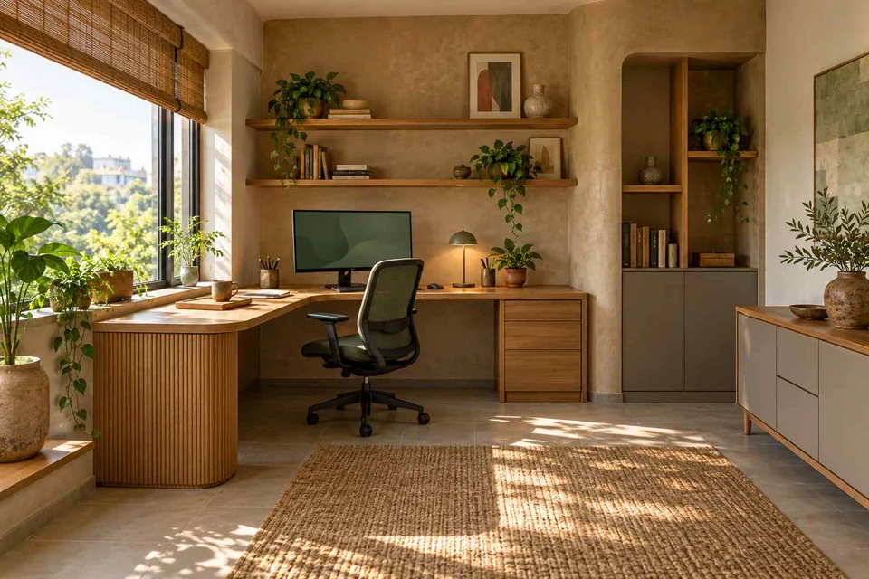 AI-generated home office concept: window return desk, earth and bamboo direction