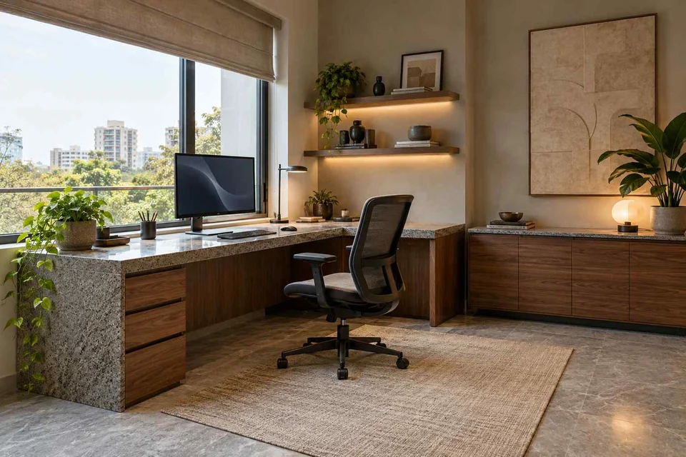 AI-generated home office concept: window return desk, granite precision direction